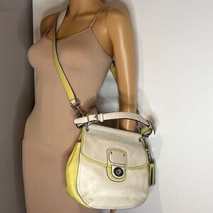 Coach Willis Cream & Lime Green Colorblocked Saddle Convertible Crossbody Bag